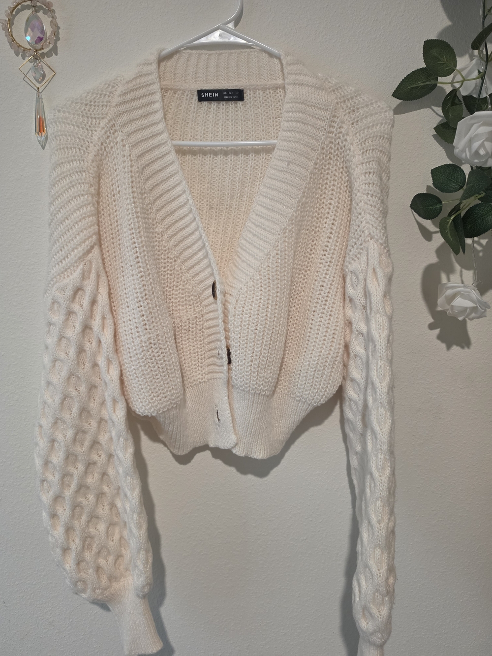 SHEIN Soft Cream Chunky Cable Sleeve Cardigan